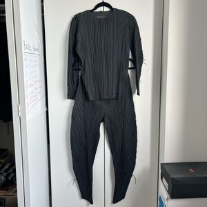Vintage Issey Miyake Pleats Please RARE Raw-Edge Pant Set in Dark Grey, US M